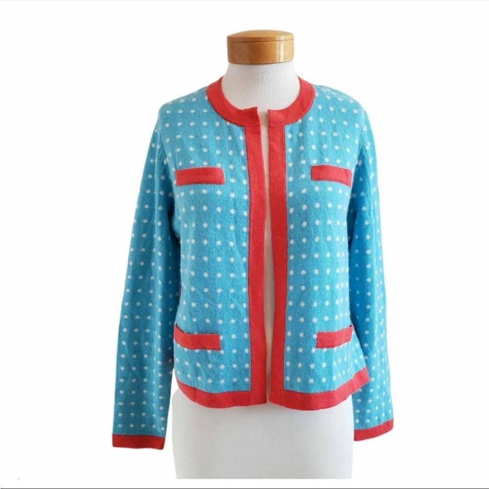 J. McLaughlin Dottie Seabreeze Polka Dot Cashmere Crew Neck Cardigan Sweater Sm